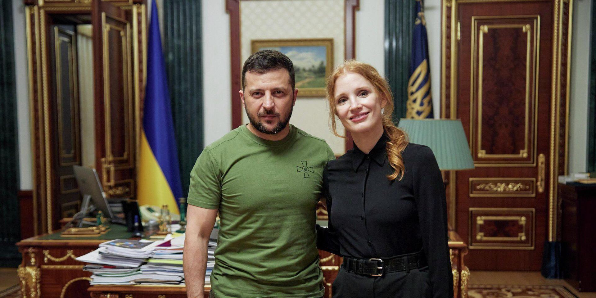 Президент Украины Владимир Зеленский и американская актриса Джессика Честейн в Киеве, Украина, 7 августа 2022 года. - ИноСМИ, 1920, 08.08.2022