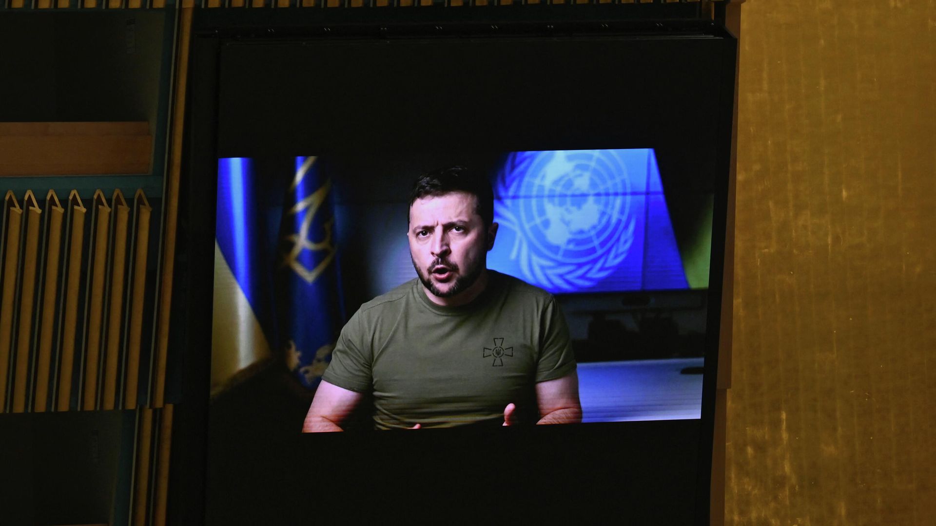Президент Украины Владимир Зеленский выступает на 77-й сессии Генеральной Ассамблеи Организации Объединенных Наций в штаб-квартире ООН в Нью-Йорке, 21 сентября 2022 года - ИноСМИ, 1920, 22.09.2022