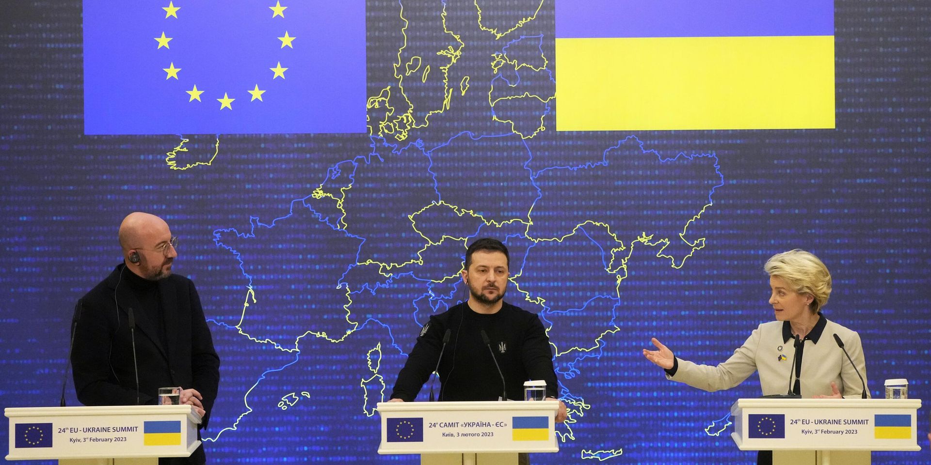 Президент Украины Владимир Зеленский, президент Европейской комиссии Урсула фон дер Ляйен и президент Европейского совета Шарль Мишель на пресс-конференции после саммита Украина-ЕС в Киеве - ИноСМИ, 1920, 28.02.2024