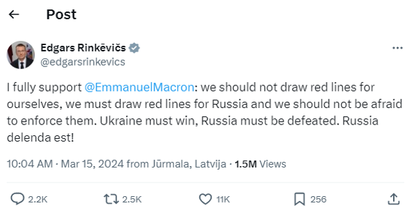 Президент Латвии Эдгарс Ринкевичс с помощью фразы о разрушении России призвал к борьбе с ней