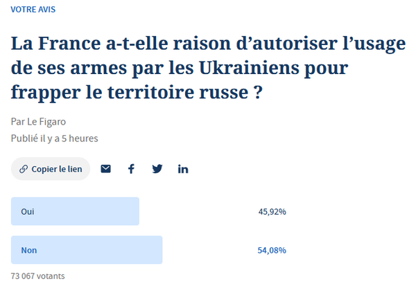 На сайте Le Figaro был проведен опрос на тему, следует ли Франции разрешить Украине использовать западные вооружения для нанесения ударов по российской территории. 