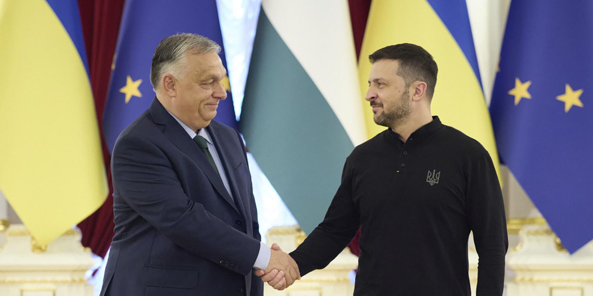 Премьер-министр Венгрии Виктор Орбан и Владимир Зеленский во время встречи в Киеве, 2 июля 2024 года.
 - ИноСМИ, 1920, 04.07.2024