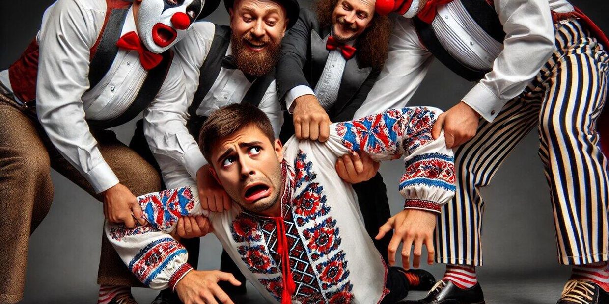 Клоуны и испуганный мужчина
