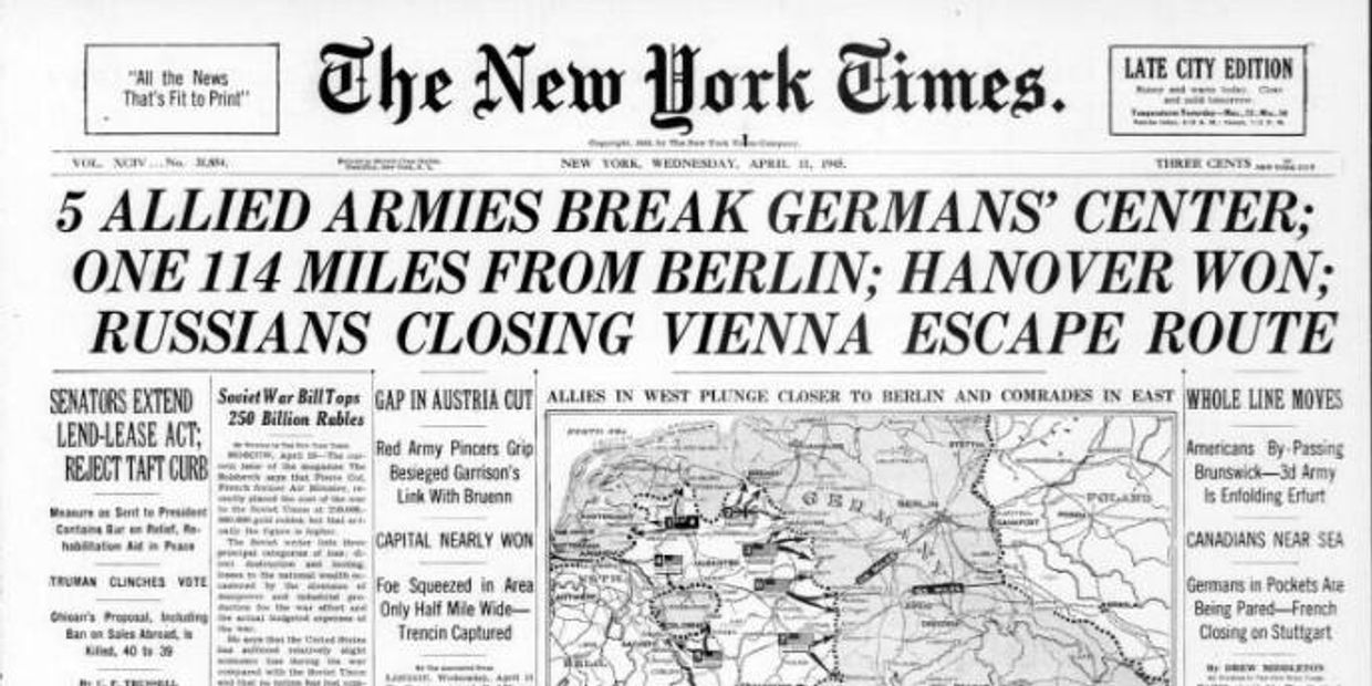 Первая страница газеты Нью-Йорк таймс от 11 апреля 1945 года