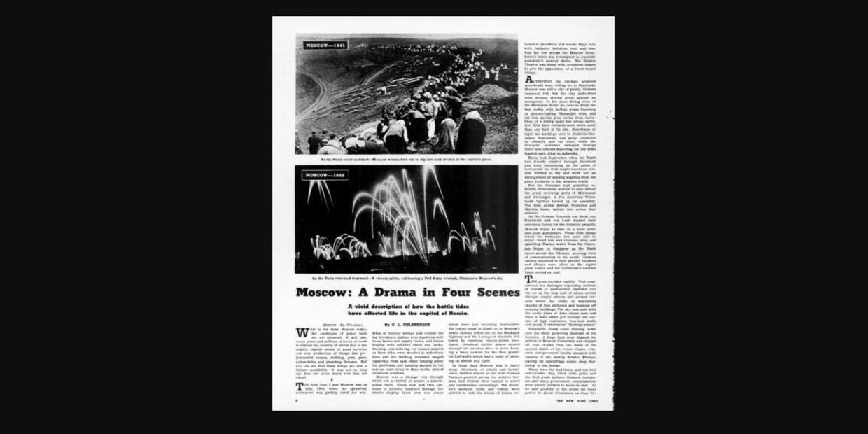 Страница газеты Нью-Йорк таймс с началом статьи Москва: драма в четырех действиях