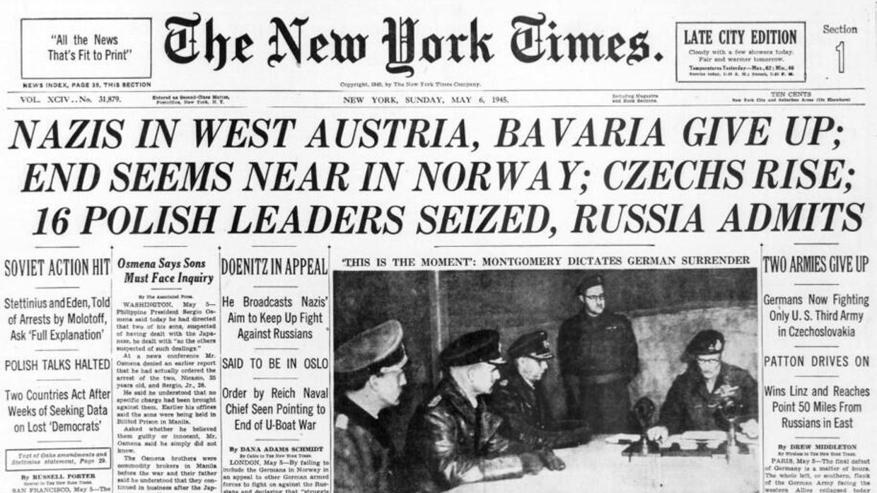 Первая страница газеты Нью-Йорк таймс за 6 мая 1945 года