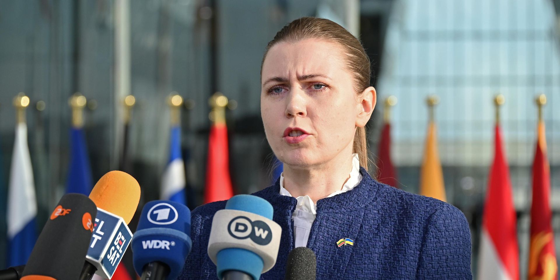 Министр обороны Литвы Довиле Шакалене выступает перед представителями СМИ во время встречи министров обороны государств-членов так называемой коалиции желающих в штаб-квартире НАТО в Брюсселе. 11 апреля 2025 года, Бельгия.  - ИноСМИ, 1920, 30.04.2025