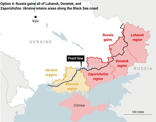 Вариант 4: Россия получает всю территорию ДНР, ЛНР и Запорожской области; Украина сохраняет районы на побережье Черного моря