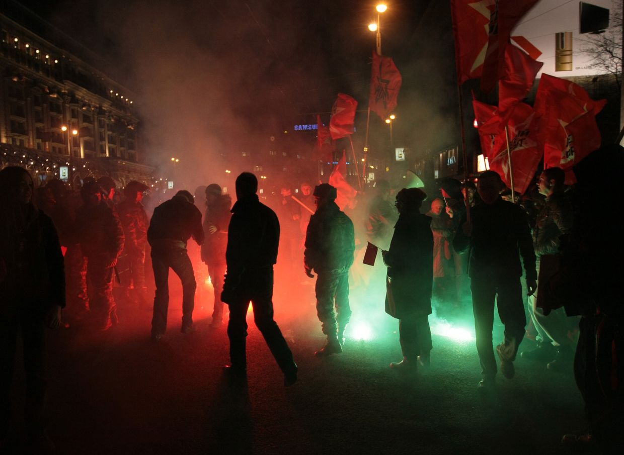 На Пушкинской площади во время митинга, посвященного 91-й годовщине Октябрьской революции