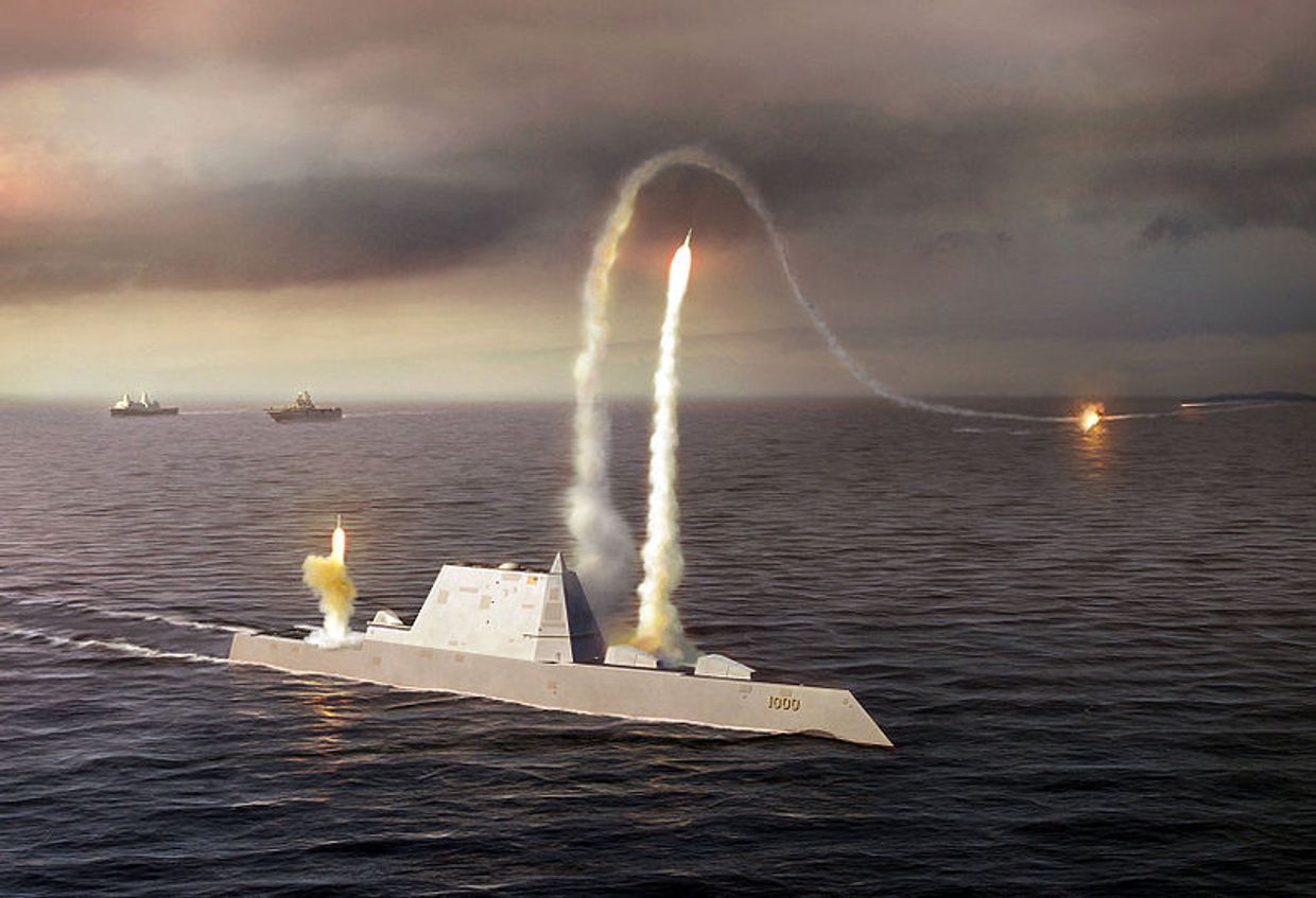 Эскиз: пуск ракет с вертикальных шахт эсминца Zumwalt