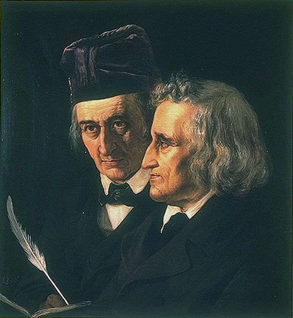 Братья Вильгельм (слева) и Якоб (справа) Гримм, портрет 1855 года работы Элизабет Йерихау