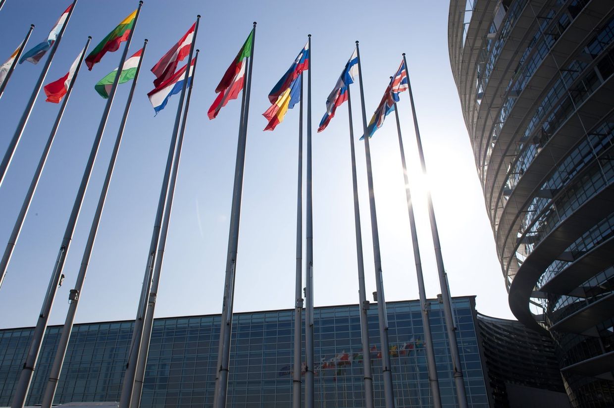Флаги перед зданием Европейского Парламента в Страсбурге