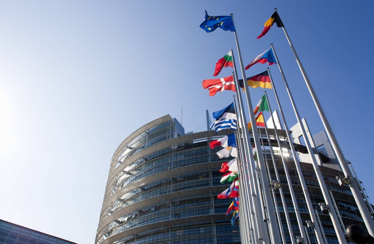 Флаги перед зданием Европейского Парламента в Страсбурге