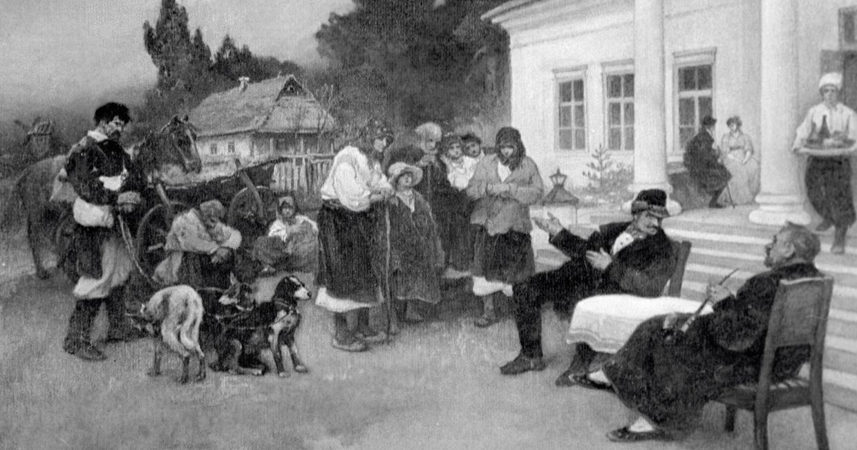 Крепостных крестьян меняют на собак. Картина И.С. Ижакевича (1864 - 1962 гг.) Крепостных крестьян меняют на собак. Картина И.С. Ижакевича (1864 - 1962 гг.)