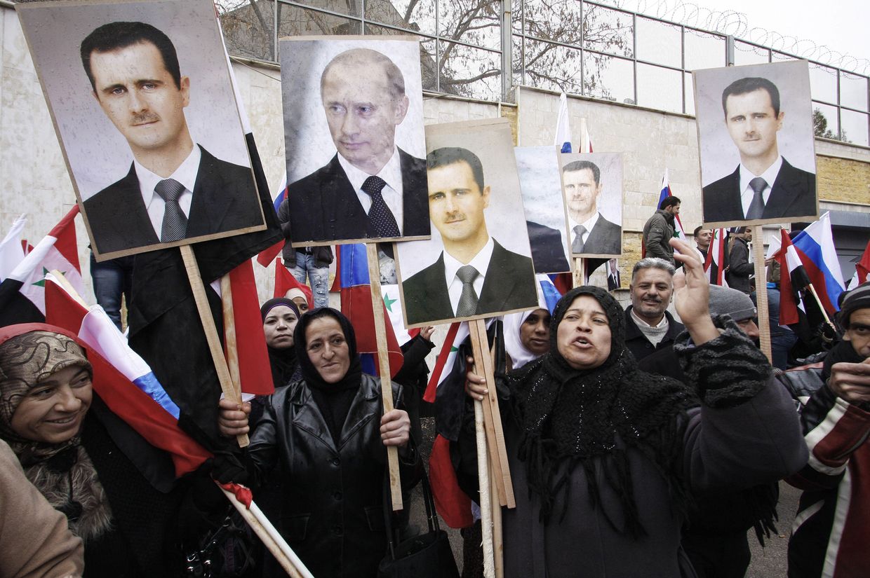 Портреты Владимира Путина и Башара Асада на акции в Дамаске