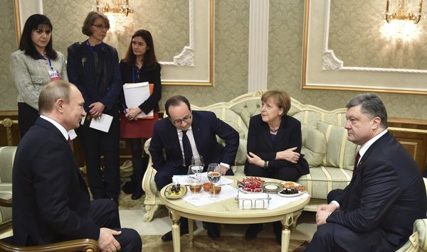 Переговоры Владимира Путина, Ангелы Меркель, Франсуа Олланда и Петра Порошенко в Минске