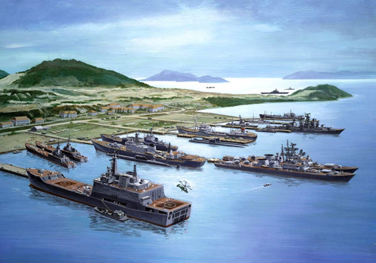 Залив Камрань с советскими военным флотом. Плакат 1985 года.