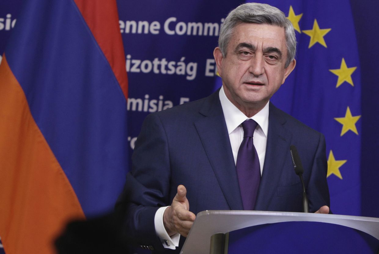 Президент Армении Серж Саргсян на пресс-конференции в штаб-квартире ЕС в Брюсселе, 2012 год