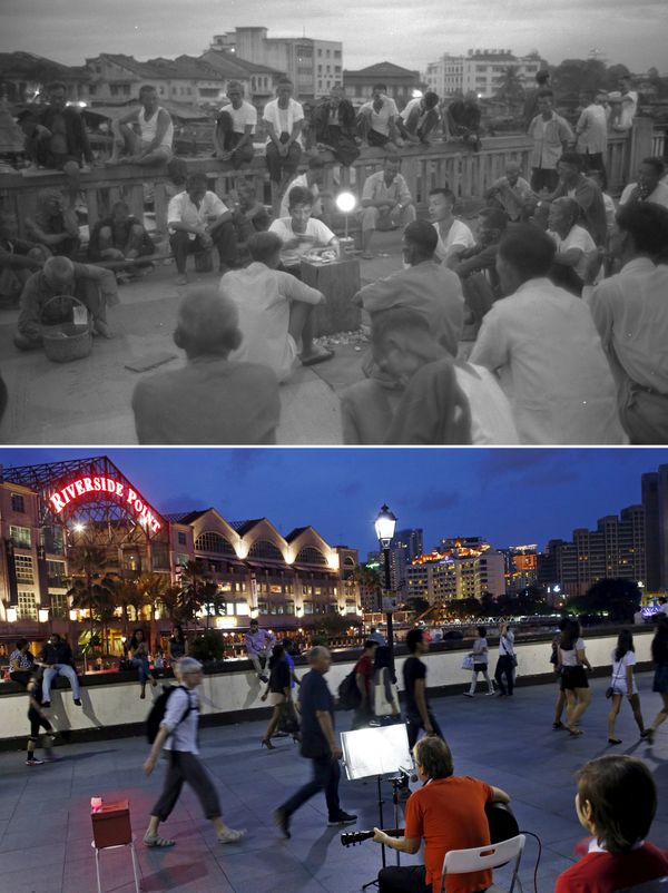 Мост через реку Сингапур в 1960 и 2015 годах