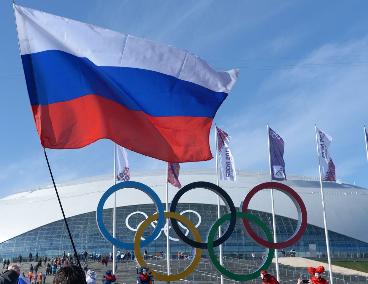 Болельщики с российским флагом в Олимпийском парке Сочи