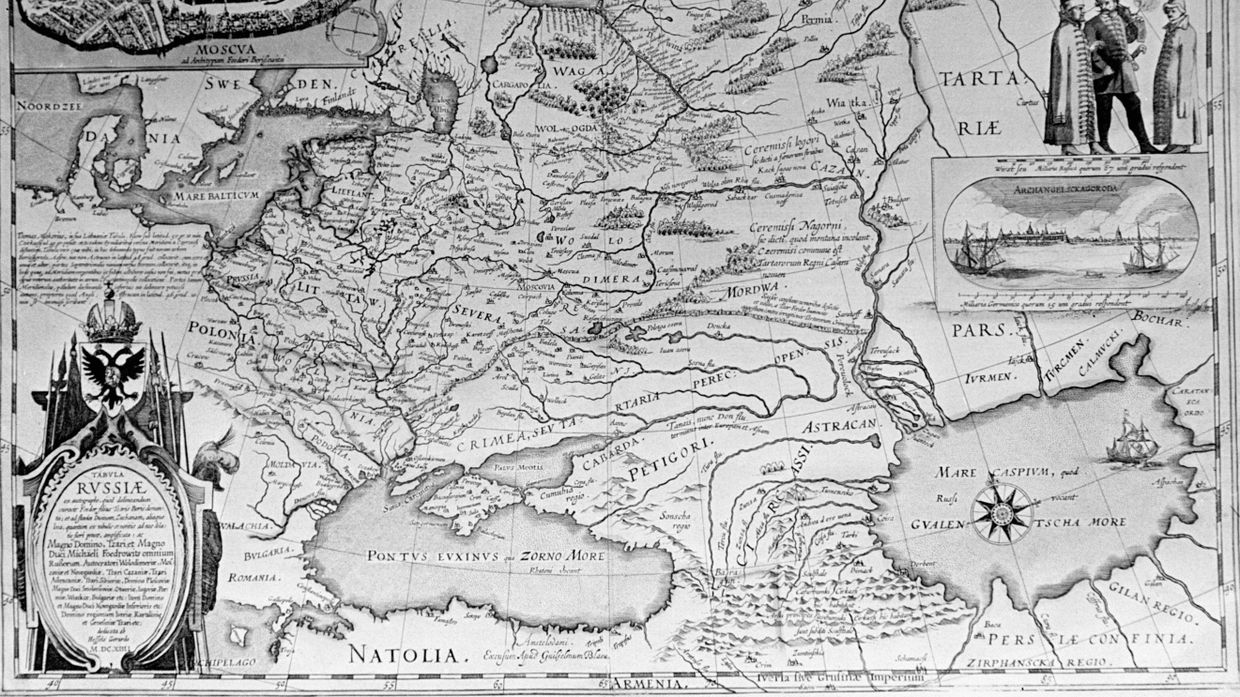Карта России, выполненная на основе чертежа 1600-1605 годов, составленного царевичем Федором Борисовичем Годуновым и гравированная в Голландии