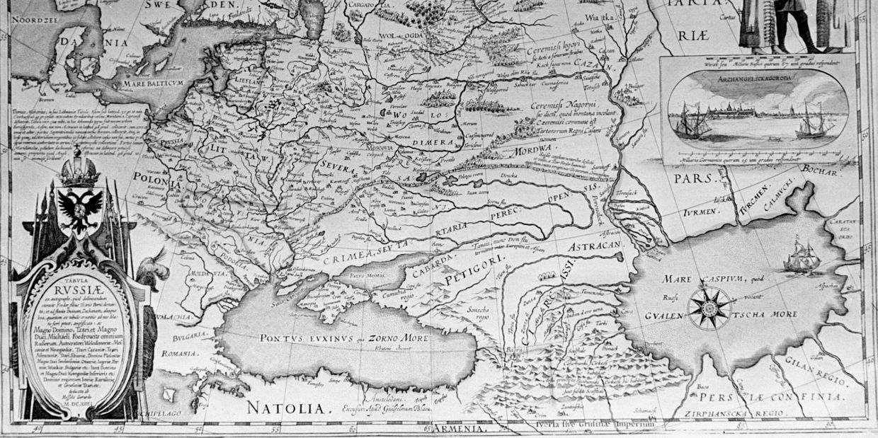 Карта России, выполненная на основе чертежа 1600-1605 годов, составленного царевичем Федором Борисовичем Годуновым и гравированная в Голландии
