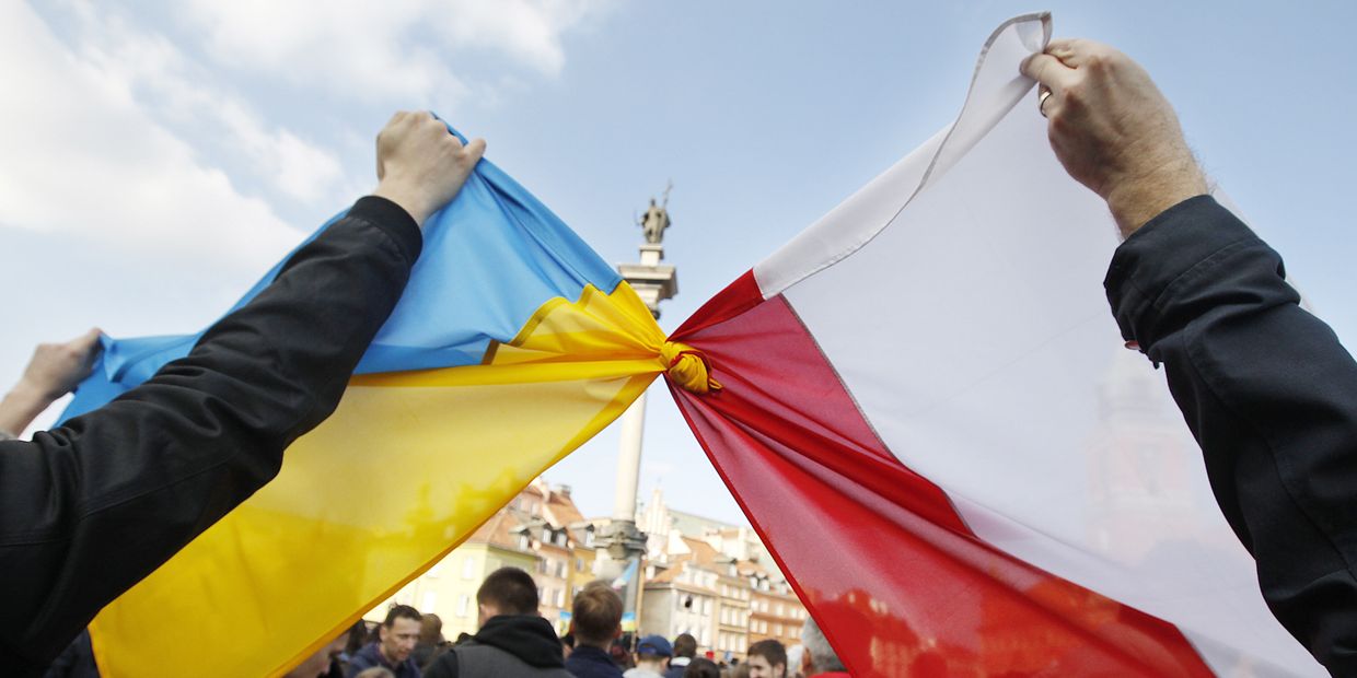 Флаги Польши и Украины во время демонстрации в поддержку оппозиционного движения на Украине