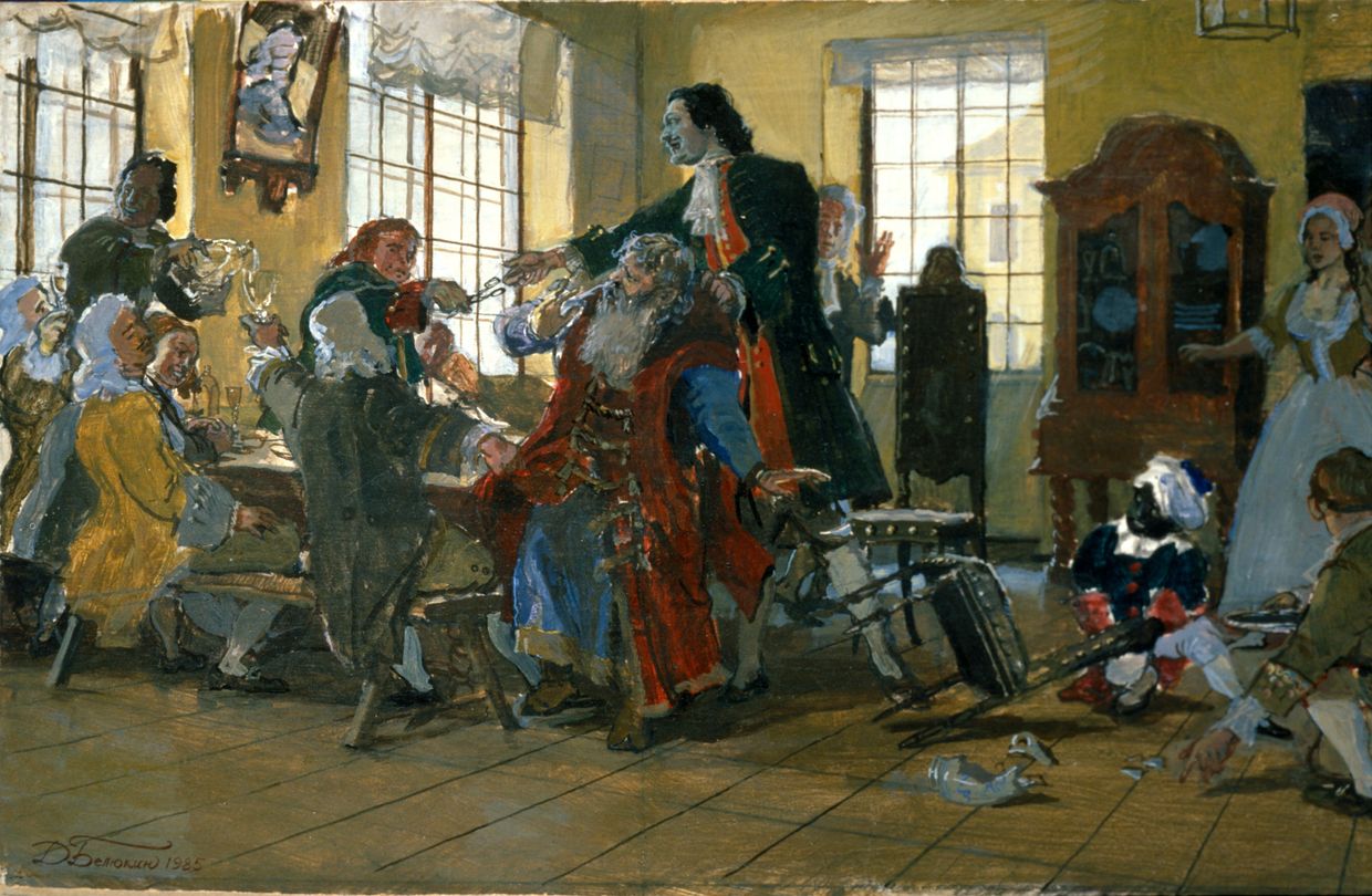 Петр I стрижет бороды боярам