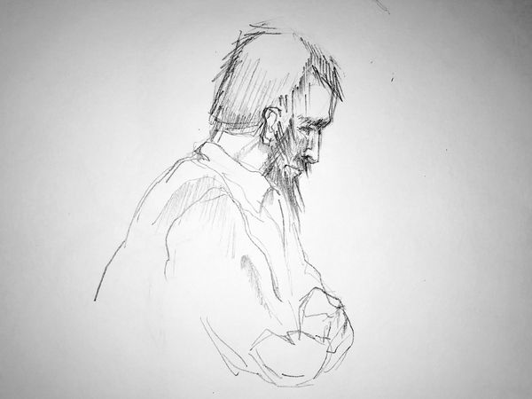Эскиз рисунка Рахмата Акилова в зале суда во время судебного процесса в стокгольмском суде
