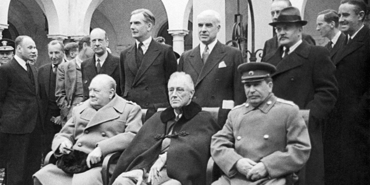 И.Сталин, Ф.Рузвельт и У.Черчилль на Крымской конференции в Ялте
