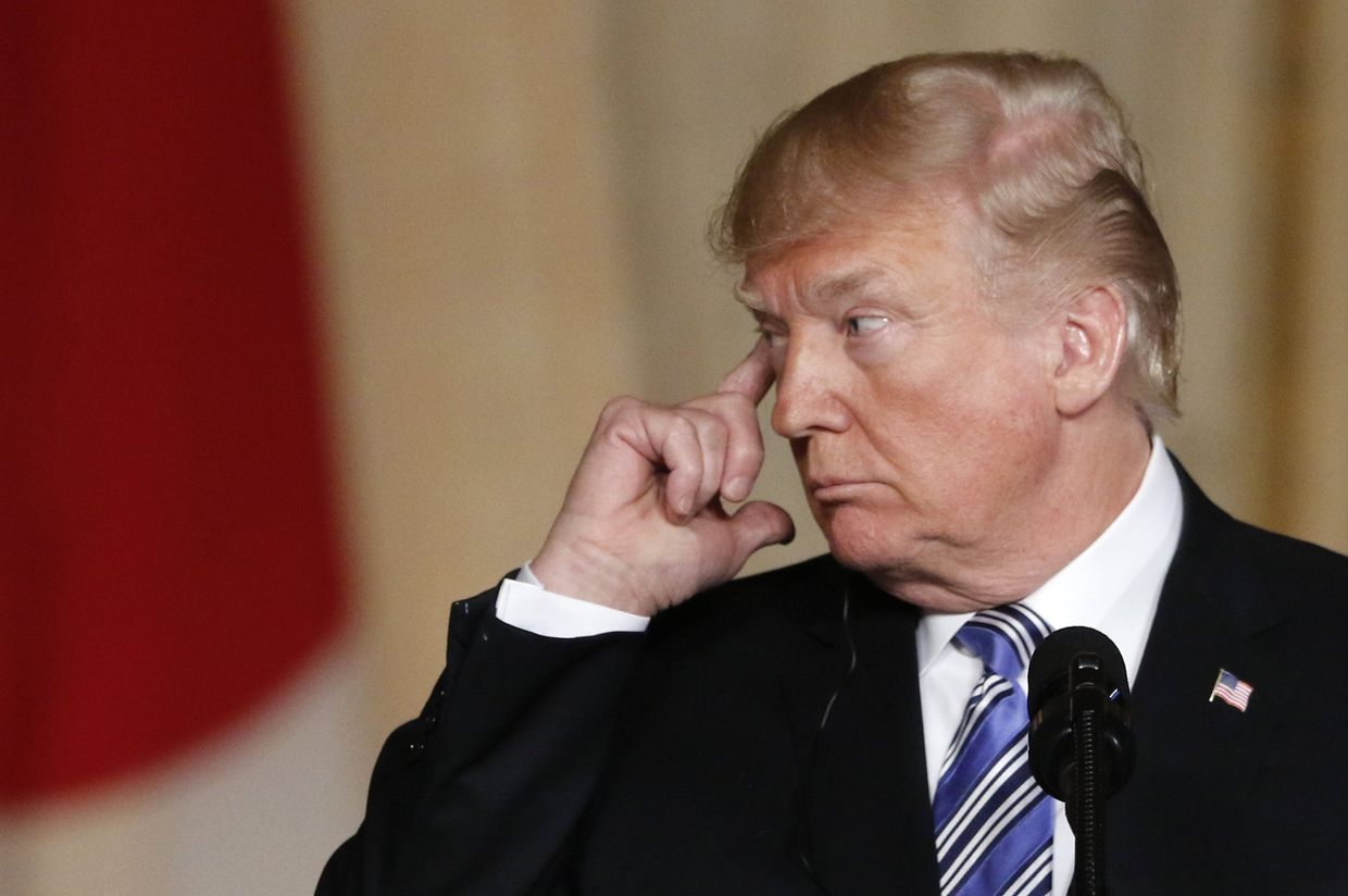 Президент США Дональд Трамп на совместной пресс-конференции с премьер-министром Японии Синдзо Абэ в поместье Трампа Мар-а-Лаго в Палм-Бич, штат Флорида, США. 18 апреля 2018