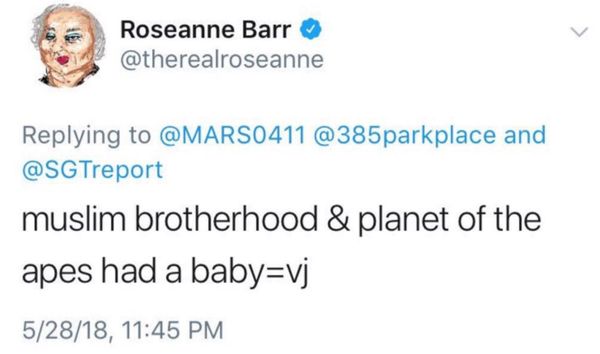Скриншот удаленного твитта со страницы Roseanne Barr