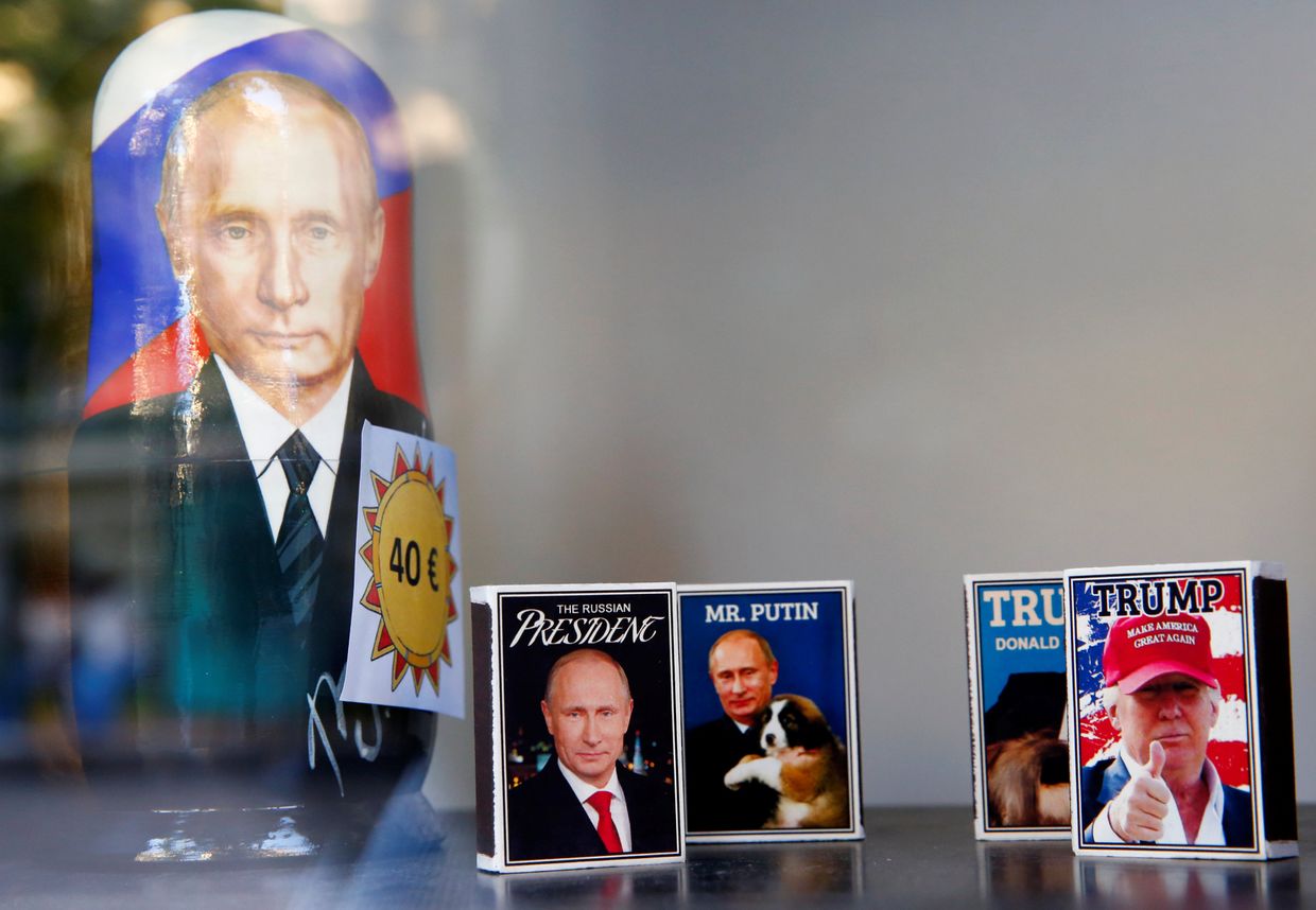 Спичечные коробки с портретами Владимира Путина и Дональда Трампа, Хельсинки, Финляндия