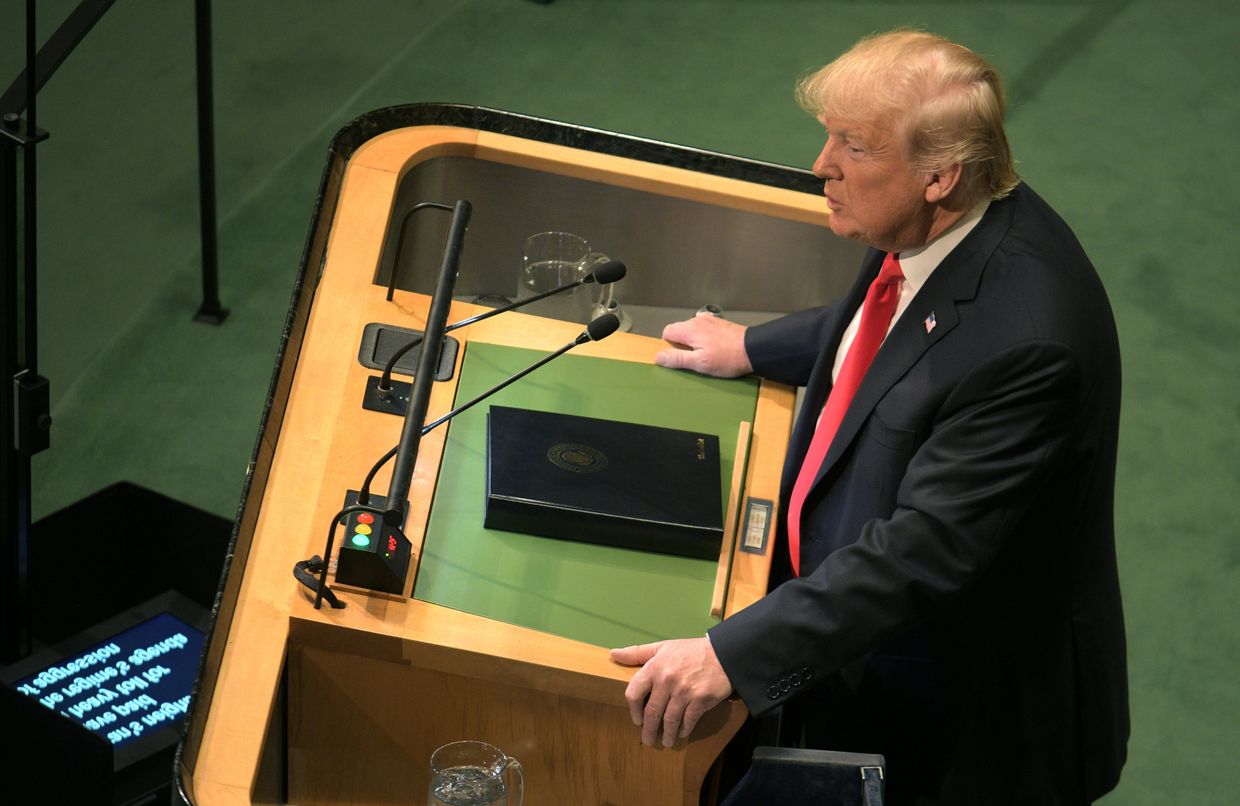 Президент США Дональд Трамп выступает на Генеральной Ассамблее Организации Объединенных Наций в Нью-Йорке. 25 сентября 2018