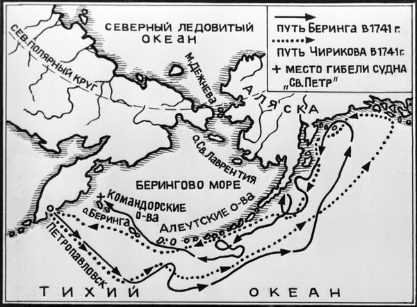 Схема маршрута 2-ой Камчатской экспедиции, возглавляемой Витусом Берингом (1741 год). Репродукция