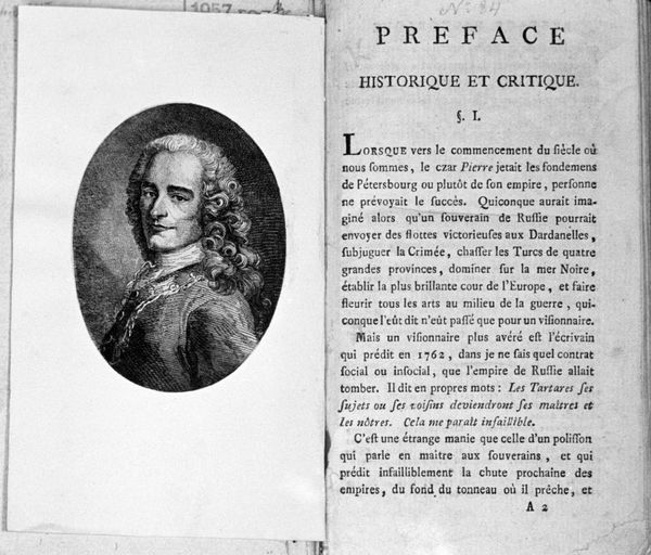 Портрет Вольтера и страница из книги История Российской империи эпохи Петра 1759 год