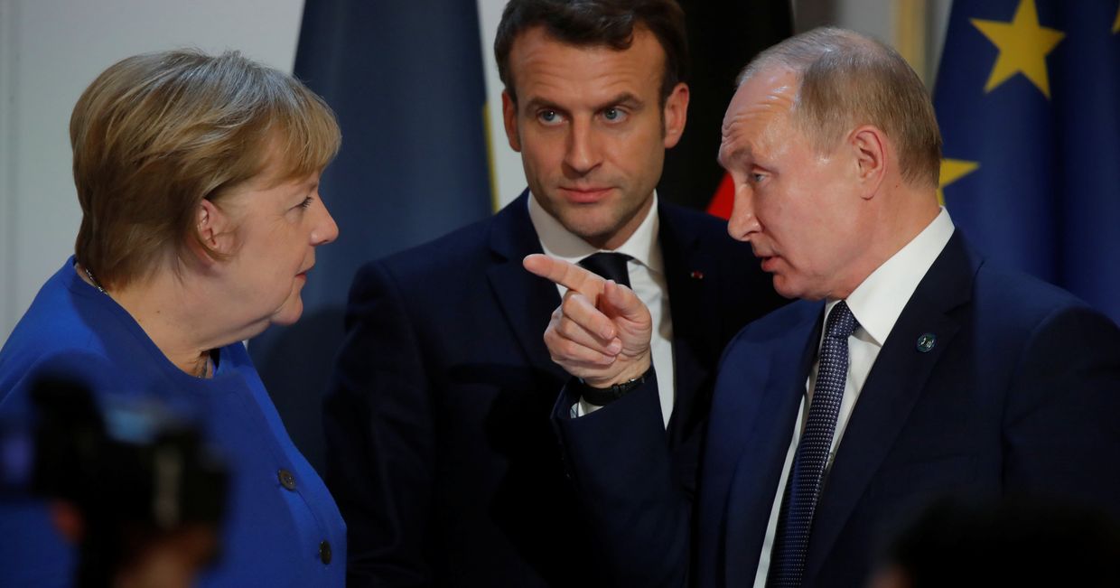 10 декабря 2019. Ангела Меркель, Эммануэль Макрон и Владимир Путин на саммите в Париже