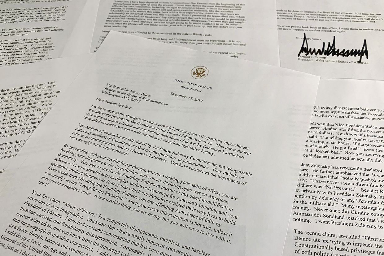 Письмо президента США Дональда Трампа спикеру Палаты представителей Нэнси Пелоси