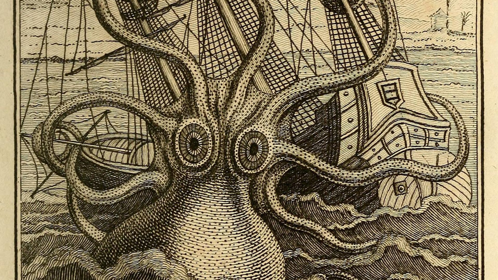 Гигантский кальмар атакует корабль. Гравюра - ИноСМИ, 1920, 30.05.2021