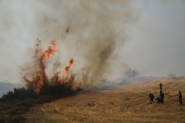 Греция. Пожарные пытаются погасить пламя в поселке Айос Стефанос
